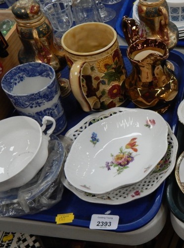 Ceramics and effects, Indian Tree pattern tankard, Spode blue and white beaker, Kaiser Porcelain pin dish, copper lustre jug, etc. (1 tray)