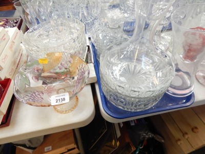 A large quantity of glassware, decanters, table ware, drinking glasses, George VI coronation plates, cranberry glass bowl, etc. (1 tray and a quantity)