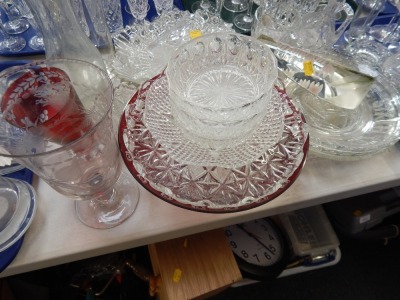 A large quantity of glassware, decanters, table ware, drinking glasses, George VI coronation plates, cranberry glass bowl, etc. (1 tray and a quantity) - 2