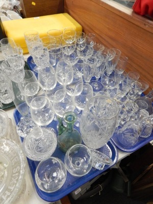 Various glassware, to include drinking glasses, wine glasses, sherry glasses, tumblers, bells, candlesticks, vase, etc. (6 trays)