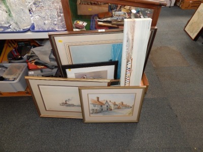 A group of pictures and prints, to include after Arthur Weavers beach hut scene, a watercolour of St Albans Cathedral, print of terriers, ships at sea, E Beeley street scene print, etc. (a quantity)