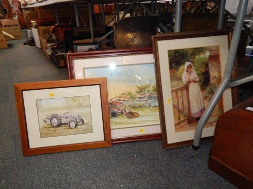 A group of pictures and prints, to include farming watercolour, tractor scene after Marshall, and two figures of maidens. (4)