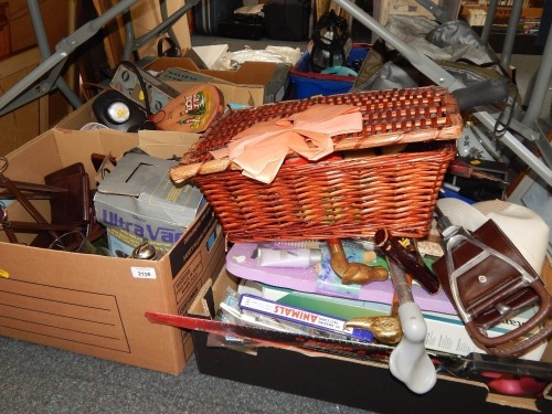 Various household effects, walking sticks, toiletries, oil lamp, doll stands, foot pump, wicker basket, etc. (all under 1 table)