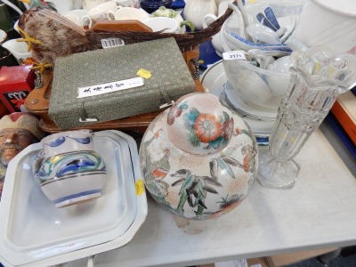 Household china and effects, serving spoons, cased calligraphy set, wooden stand, pheasant, poppy pattern cups and saucers, etc. (1 tray plus)