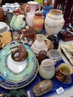 Household china and effects, onyx dish, carved wooden elephant, pierced box, etc. (2 trays)