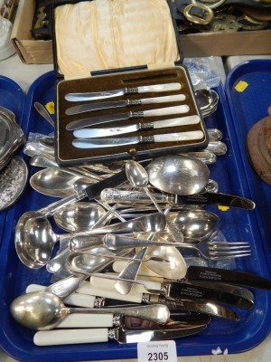 A group of silver plated cutlery, to include shell pattern, A1, Sheffield Plate, soup ladles, etc. (1 tray)