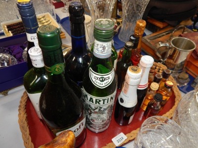 Alcohol and miniatures, to include Croft Sherry, Bristol Cream, Martini Extra Dry, Pinot Noir, gin, whiskeys, etc. (1 tray)