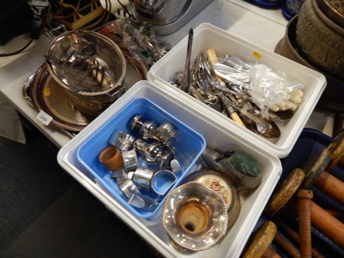 Various stainless steel wares, to include serving trays, toast racks, napkin rings, etc. (1 tray and 2 boxes)