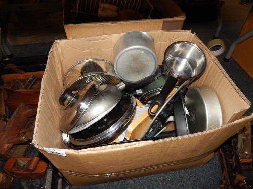 A group of kitchenalia, pots and pans, pan stands, etc. (2 boxes)