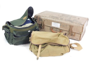 Two fishing bags and fishing clothing, to include a Bob Church tackle bag, two waistcoats and other clothing.