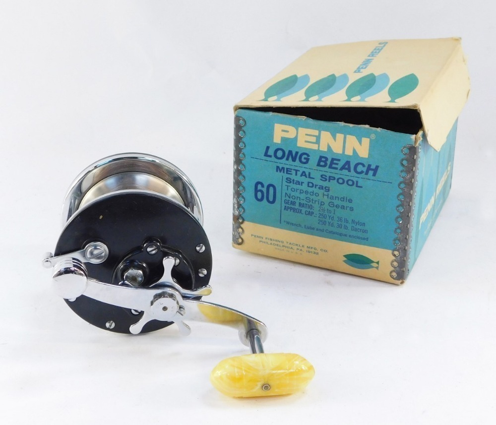 A Penn Long Beach 60 multiplier sea reel, with original box and wrapping.