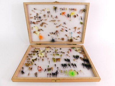 A wooden reservoir trout fly case, of two hinged sections and including a selection of reservoir flies, to include nymphs, lures, etc. - 2