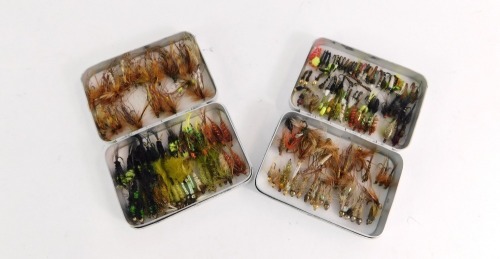 Two Richard Wheatley small alloy fly boxes, and a selection of dry flies and nymphs.