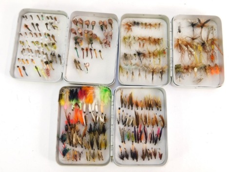 Three Richard Wheatley small alloy fly boxes, and a collection of wet flies, nymphs and dry flies, and one original box.