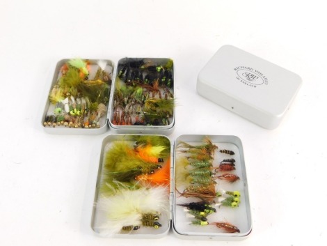 Three Richard Wheatley small alloy fly boxes, and a collection of various nymphs and lures. (1 box unused in original box)