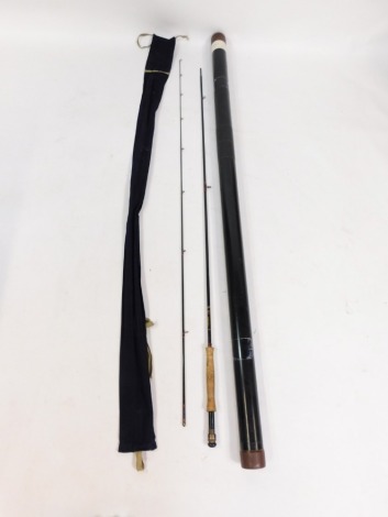 A Hardy graphite still water #8/9 two piece fly rod, 9' 3", with canvas bag, and plastic rod tube. (3)