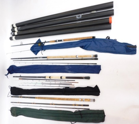 An Abu three piece fibre glass float fishing rod, and others, including a Kevin Ashurst 13ft carbon match rod, and four rod tubes. (8)