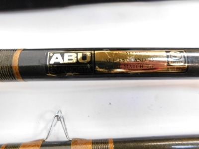 An Abu three piece fibre glass float fishing rod, and others, including a Kevin Ashurst 13ft carbon match rod, and four rod tubes. (8) - 6