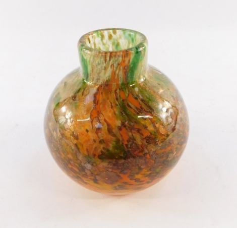 A Monart glass vase, tangerine and green with aventurine inclusions, X.PD.395, part paper label, 12cm high.