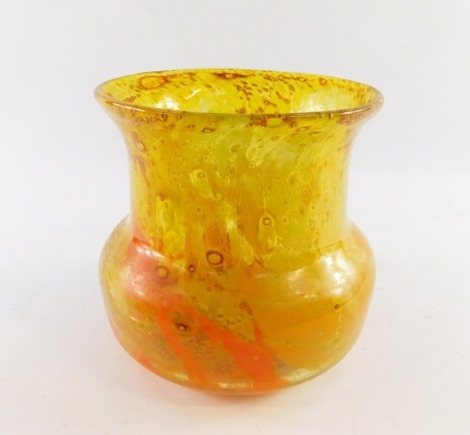 A Monart glass vase, tangerine and green with aventurine inclusions, 14cm high.