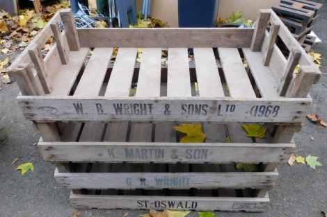 Four wooden vegetable crates, to include W B Wright & Sons, K Martin 7 Co, G R Wright and ST Oswald.