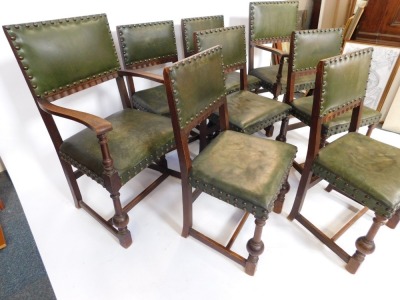 A set of eight Carolean revival oak dining chairs, with studded green leather backs and overstuffed seats, raised on turned legs, united by an H frame stretcher, comprising a pair of carvers and six single chairs. - 3