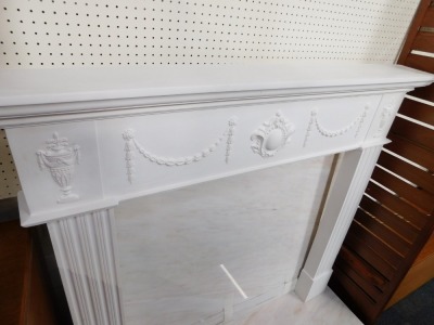 An Adam style marble and plaster fire surround, with vases and laurel swags, marbled back and hearth, 121cm wide. - 3