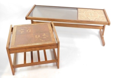A G-Plan 1960's teak glass and tile inset coffee table, raised on shaped end supports, united by a stretcher, 45cm high, 121cm wide, 50cm deep, together with a vintage tiled topped occasional table, decorated with chestnuts, raised on square end supports,