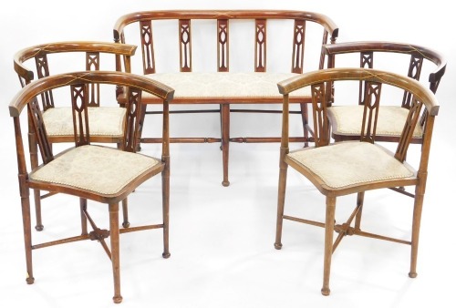 A Victorian beech and line inlaid salon suite, comprising a two seater sofa, 102cm wide, and four tub back corner chairs. (5)