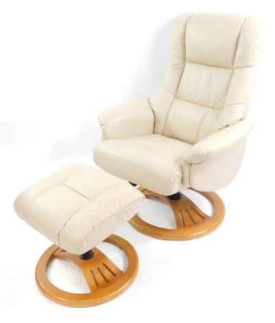 A Global Furniture Alliance cream leather Stressless revolving armchair, with footstool. (2)