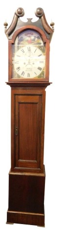 John Hall of Sleaford. A 19thC mahogany loncase clock, with swan pediment top, with painted dial and trunk door, 226cm high, 38cm wide, 26cm deep.