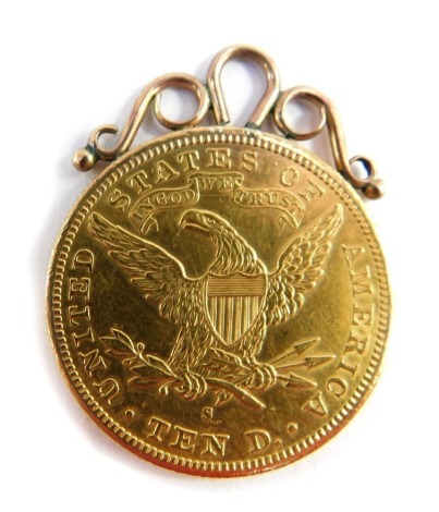 A United States ten dollar gold coin, dated 1887, with pendant mount, 17.8g all in.