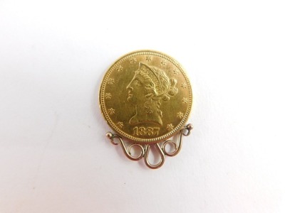 A United States ten dollar gold coin, dated 1887, with pendant mount, 17.8g all in. - 2