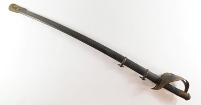 An Italian 1860M light/heavy cavalry trooper's sword, with a wire bound grip, iron guard, and curved steel blade, with scabbard, 107cm long.