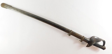 An Italian 1860M light/heavy cavalry trooper's sword, with a wire bound grip, iron guard, and curved period shortened steel blade, with scabbard, 108cm long.