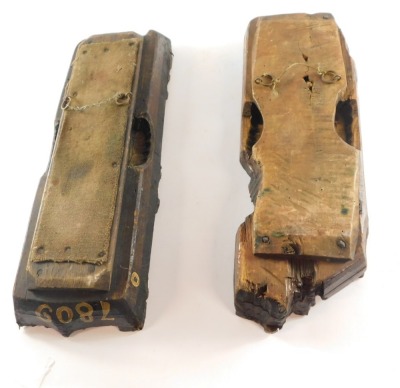 Two 19thC wooden printing blocks, one with flower pattern, the other with leaf detailing, raised metal prints, both 46cm long. - 4