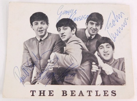 The Official Beatles Fan Club black and white photograph, bearing blue biro signatures, 10cm x 14cm. Provenance ABC Cinema, Huddersfield, 29th November 1963, given out from the dressing room and signed by staff and crew.