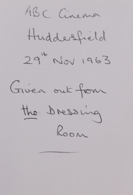 The Official Beatles Fan Club black and white photograph, bearing blue biro signatures, 10cm x 14cm. Provenance ABC Cinema, Huddersfield, 29th November 1963, given out from the dressing room and signed by staff and crew. - 7