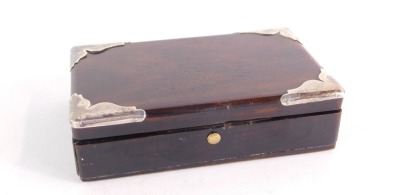 A Victorian sealing wax box, the wooden box with silver capped corners and a fitted three section interior, London 1890, 10cm wide, 6cm deep, 2.5cm high.