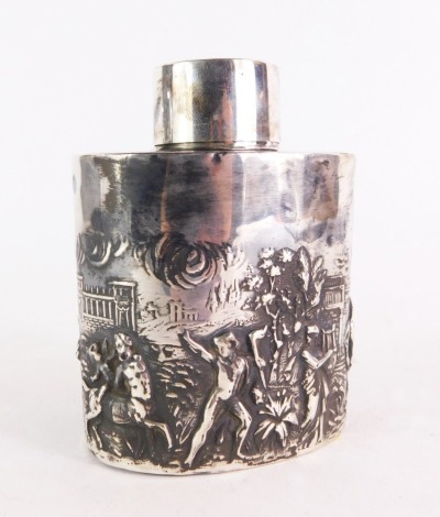 A Victorian silver tea canister, embossed with Grecian figures, trees and temples, hallmarks rubbed, 3¾oz.