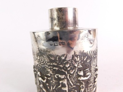 A Victorian silver tea canister, embossed with Grecian figures, trees and temples, hallmarks rubbed, 3¾oz. - 3