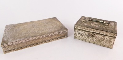 Two Eastern silver plated boxes, comprising a Chinese embossed and blue lined jewellery casket, and a Persian box, of rectangular section, engraved to the lid with arabesques, stamped 800. (2)