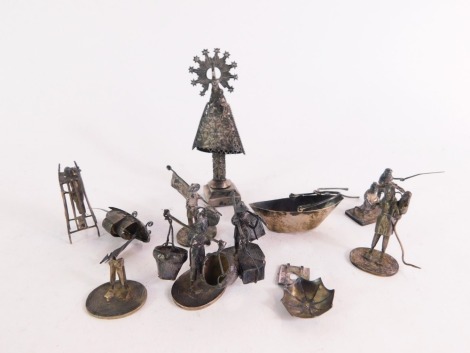 A group of white metal Eastern figures, buildings and trinkets, to include fishing figures, sailing boats, etc., some marked 925, 2¾oz. (a quantity)
