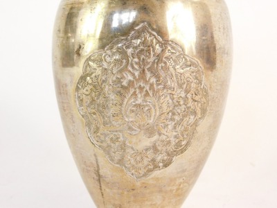 An Eastern vase of baluster form, repousse decorated with four reserves of flowers, white metal, 17cm high, 9½oz. - 3