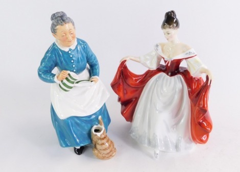 Two Royal Doulton porcelain figures, comprising Sara HN2295, 21cm high, and The Favourite HN2249, 20cm high. (AF)