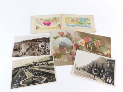 Two silk postcards, To My Dear Brother, and To My Dear Mother, black and white postcard of South Promenade & Sands Cleethorpes, Peace Memorial Brighton, steam train postcard and others. (small quantity)