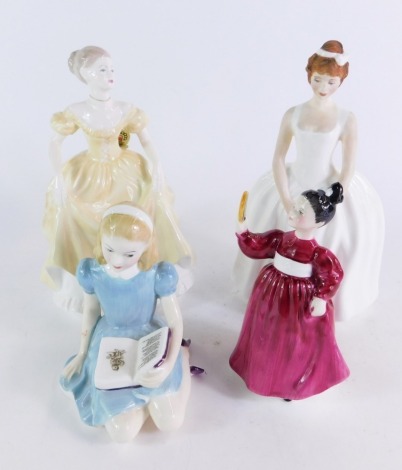 Three Royal Doulton porcelain figures, comprising Ann HN2739, 20cm high, Vanity HN2475, 14cm high, and Alice HN2158, 12cm high, together with a Coalport figure modelled as Emily, 20cm high..