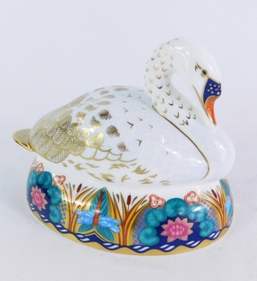 A Royal Crown Derby swan paperweight, on elaborately coloured gilt base, with silver stopper, No L1X, 12cm high, boxed. - 4