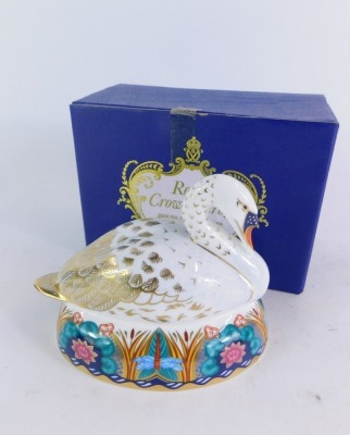 A Royal Crown Derby swan paperweight, on elaborately coloured gilt base, with silver stopper, No L1X, 12cm high, boxed. - 6