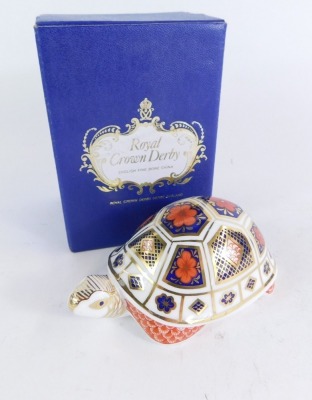 A Royal Crown Derby Imari tortoise paperweight, lacking stopper, No XLIX, 12cm wide, boxed. - 6